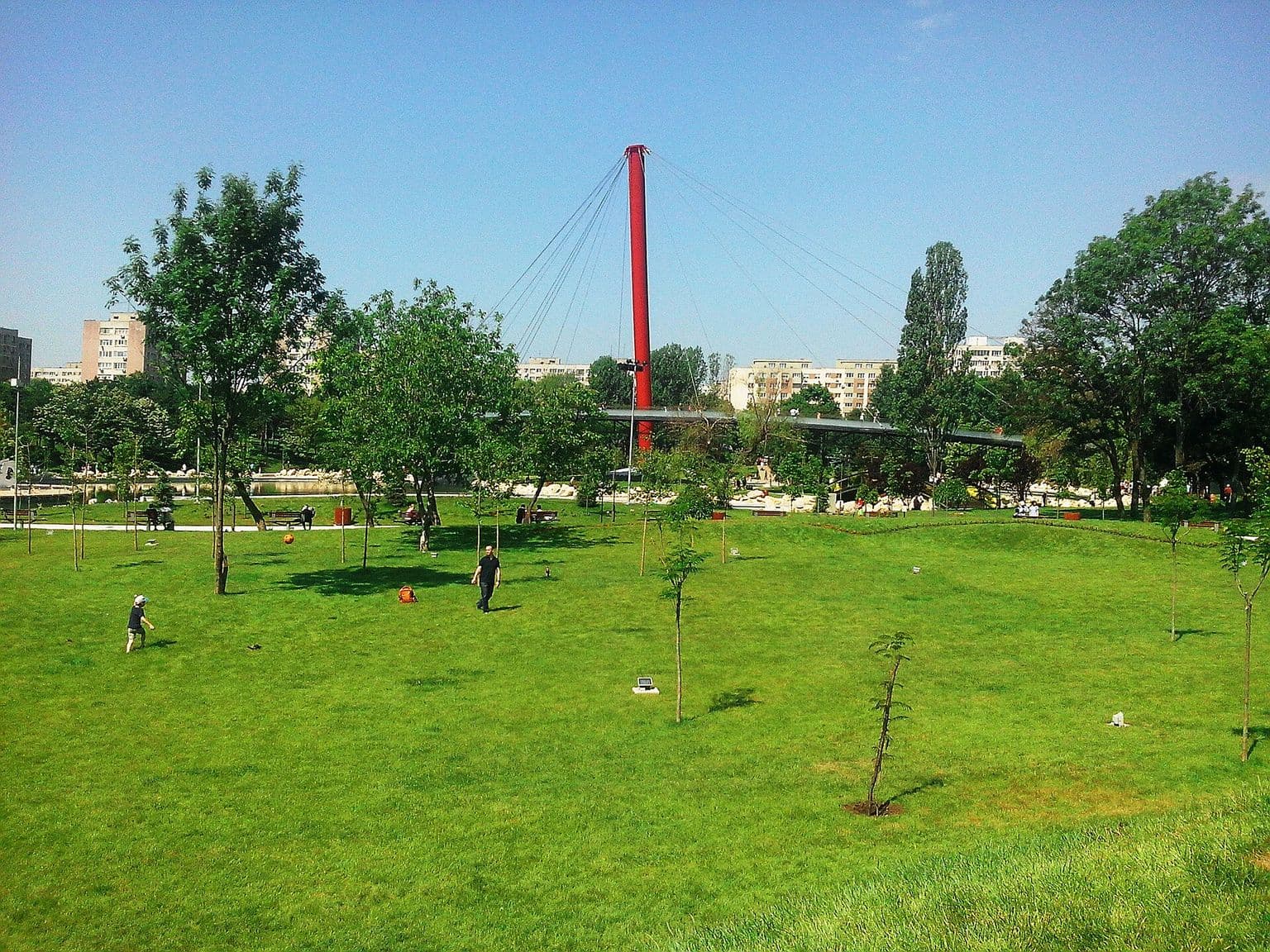 Pajiște întinsă în Parcul Drumul Taberei, cu oameni plimbându-se, și podul hobanat cu pilon roșu peste lac