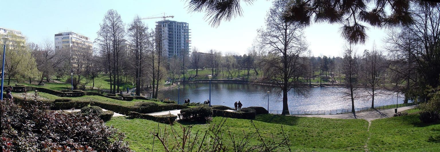 Lacul din Parcul Circului văzut dinspre intrarea din Bulevardul Lacul Tei, cu copaci înalți pe mal și clădiri în spate