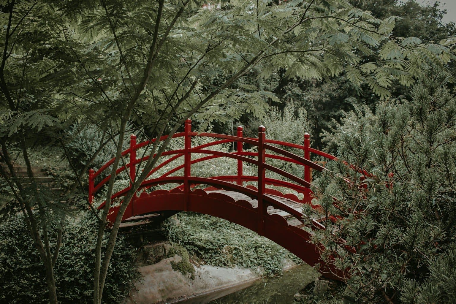 Pod roșu arcuit peste un pârâu în Grădina japoneză, între arbuști și copaci
