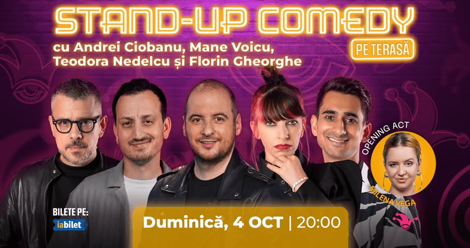 Stand-up comedy on the terrace with Mane Voicu, Frînculescu, Andrei Ciobanu, Florin Gheorghe and Teodora Ned