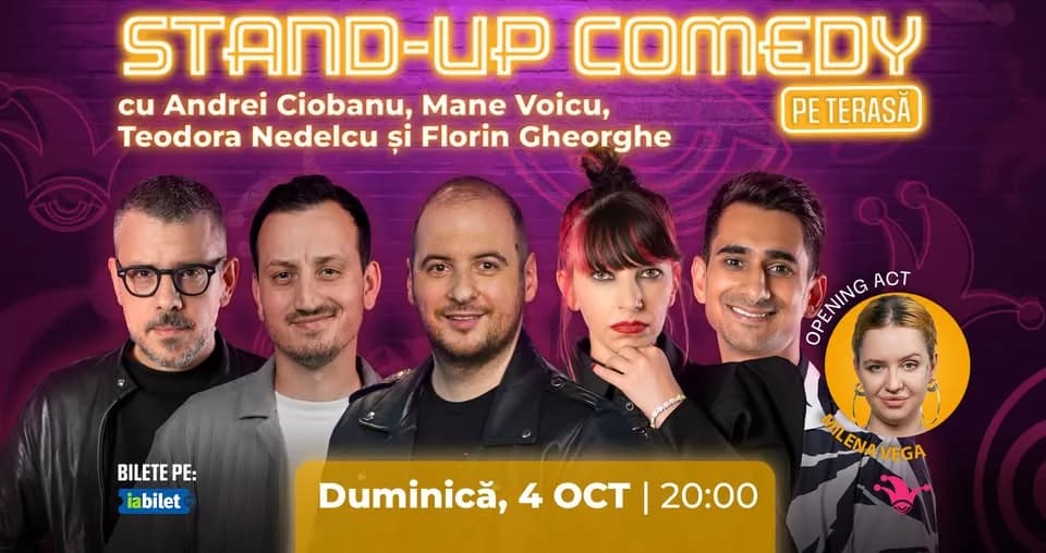 Stand-up comedy pe terasă cu Mane Voicu, Frînculescu, Andrei Ciobanu, Florin Gheorghe și Teodora Ned