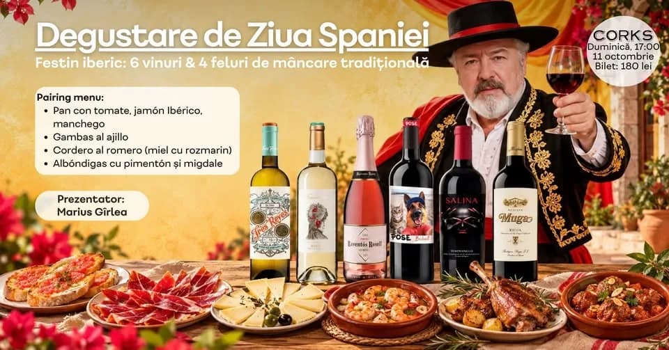 Degustare de Ziua Spaniei: festin iberic - 6 vinuri & 4 feluri de mâncare tradițională